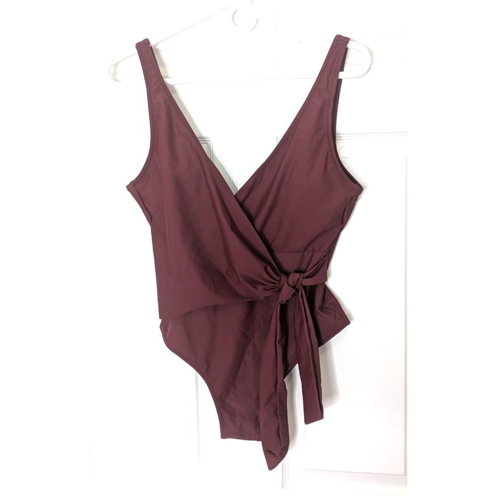 Womens 1 Piece Swimsuit Maroon Small Wrap Side Tie High Leg Swimwear